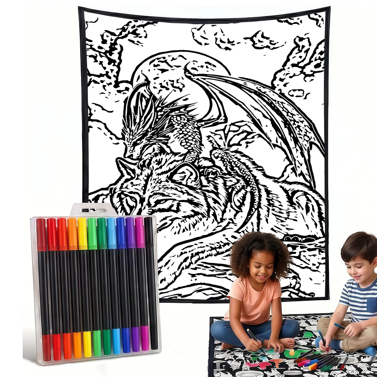 Blue Dragon Wolf Moon DIY Cozy Coloring Blankets -24 Markers, Cozy Velvet Ideal For Daily Use Home Decor And Kids Spaces