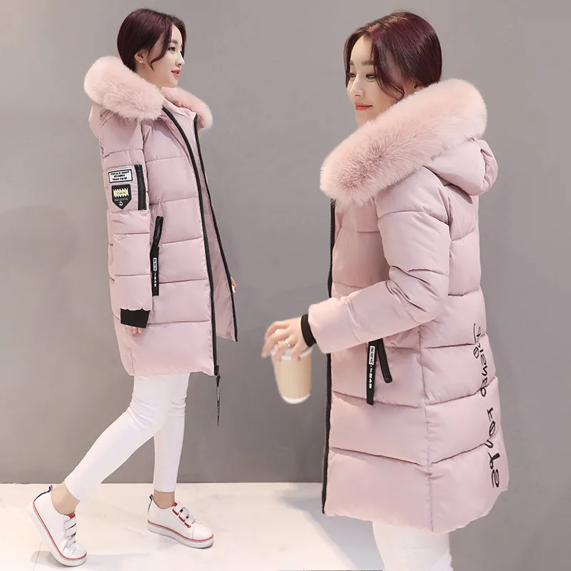 PERITANG Winter European American Women's Clothing Korean Style Cotton Coat with Large Faux Fur Collar Thickened Cotton Jacket