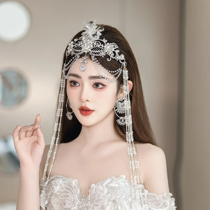 Bruidshoofddeksel temperament zilveren kralenkoord omzoomd voorhoofd sieraden mooie handgemaakte bruiloft haaraccessoires in Koreaanse stijl