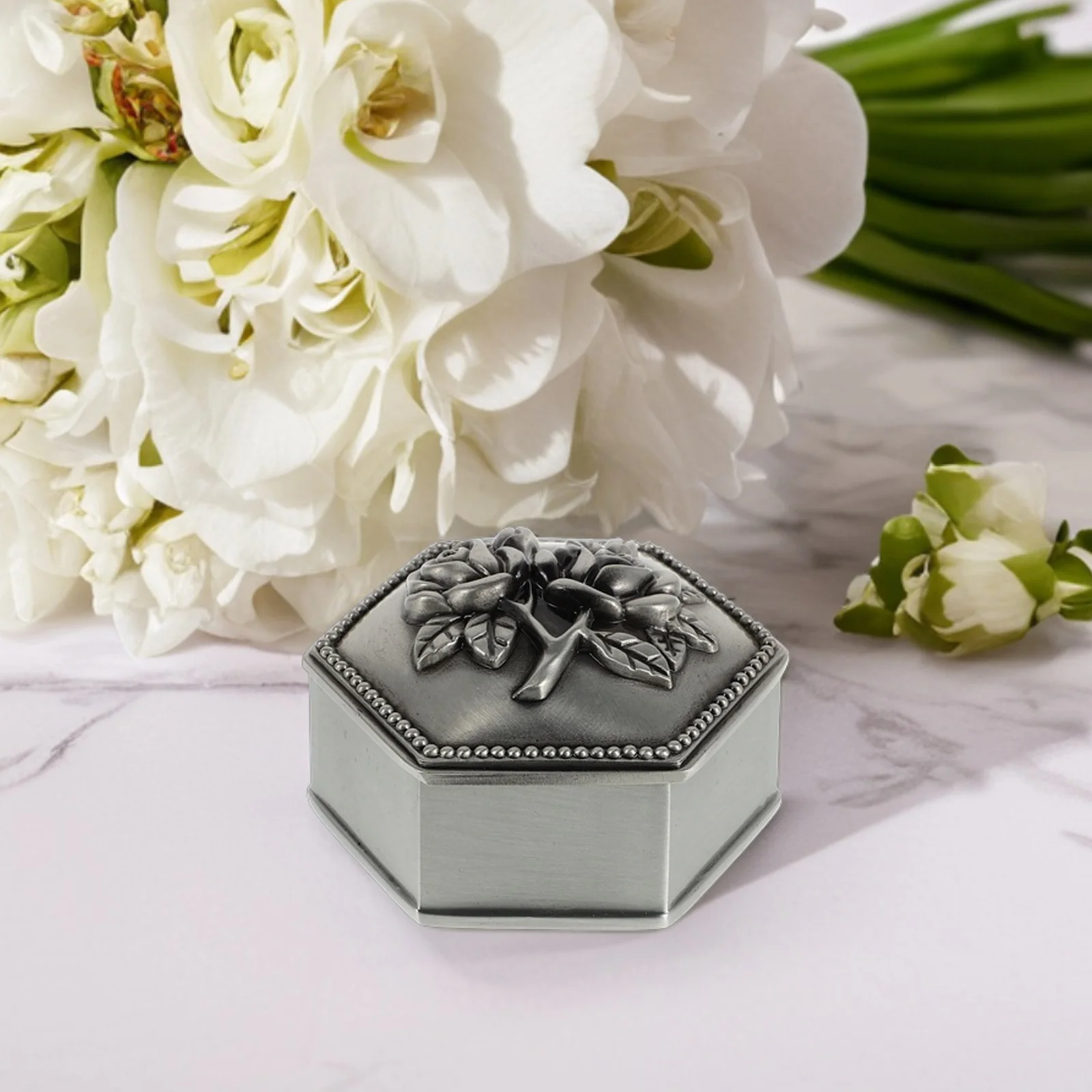 

Metal Embossed Rose Hexagonal Jewelry Box Vintage Style Small Storage Case for Girls Women Desktop Dresser Organizer Trinket