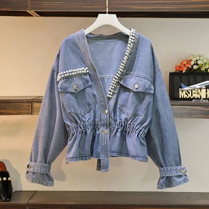 Small Denim Jacket for Women Short Woman Jean Coat Cinched Waist Crop with Beads Slim Spring Autumn Outerwear Deals Original