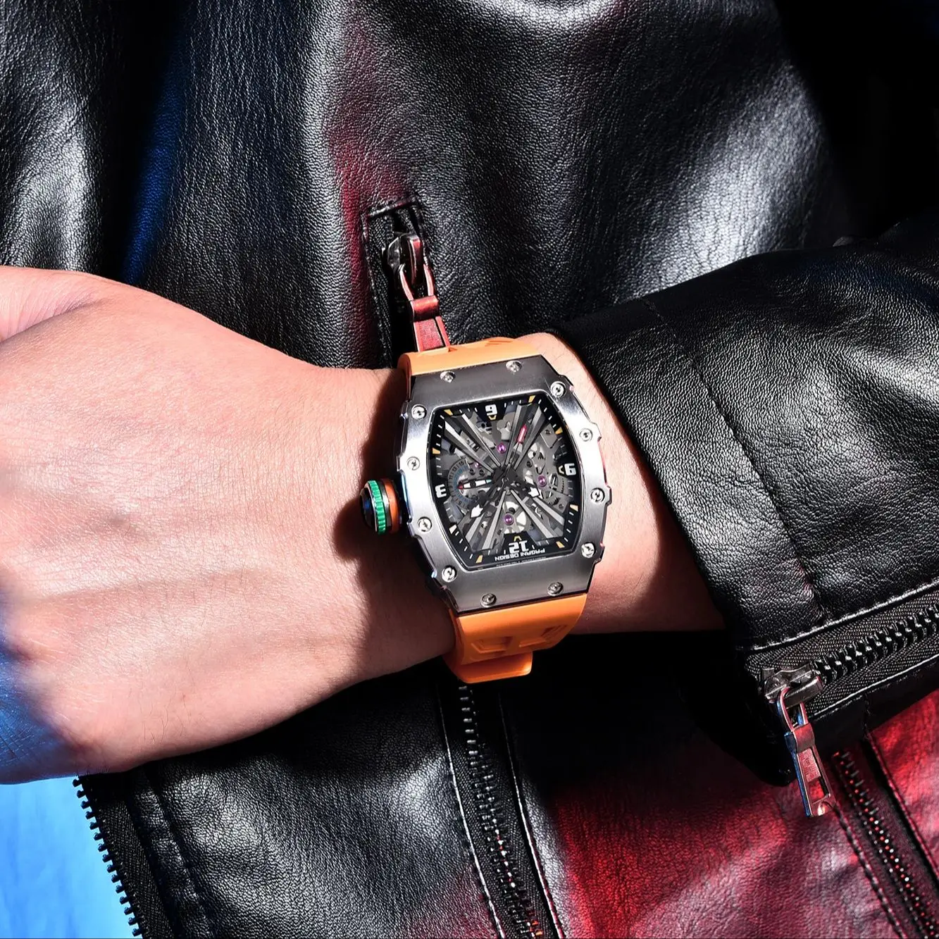 Pagani Design Men's Skeleton Watch Japan VH65 Quartz Rubber Strap Synthetic Sapphire Glass Tonneau Sport man Watch PD1738 - view 5