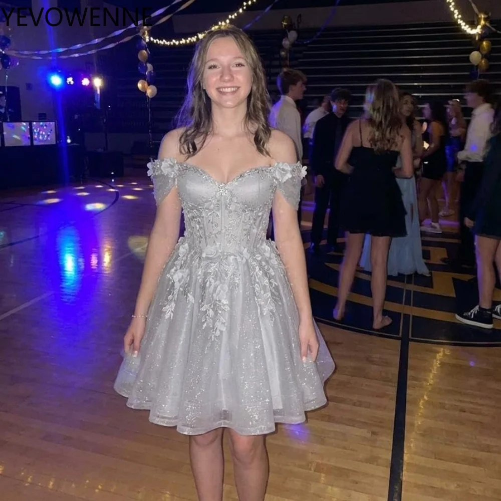 teenage homecoming dresses Sparkly Tulle for Teens 3D Floral Lace Short Prom Dress Off Shoulder DAMA Dresses for Quinceanera MWC_Sage Green