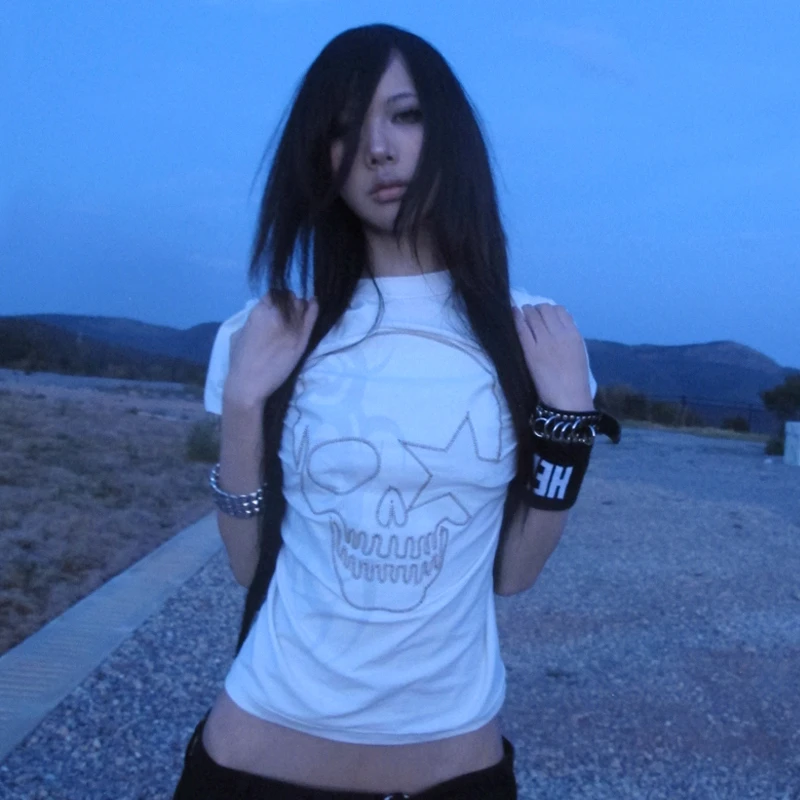 Karrcat Grunge Aesthetics Skull Print T-shirt Trashy 2000s Style Short Sleeve Tee Shirt Japanese Y2k Streetwear Gothic Vintage