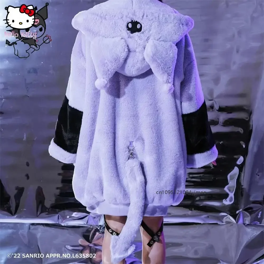 겨울 쿠로미 플러시 코트 여성용 귀여운 애니메이션 재킷 만화 쿠로미 코스튬 소녀 코트 두꺼운 따뜻한 고급스러운 부드러운 꼬리 달린
