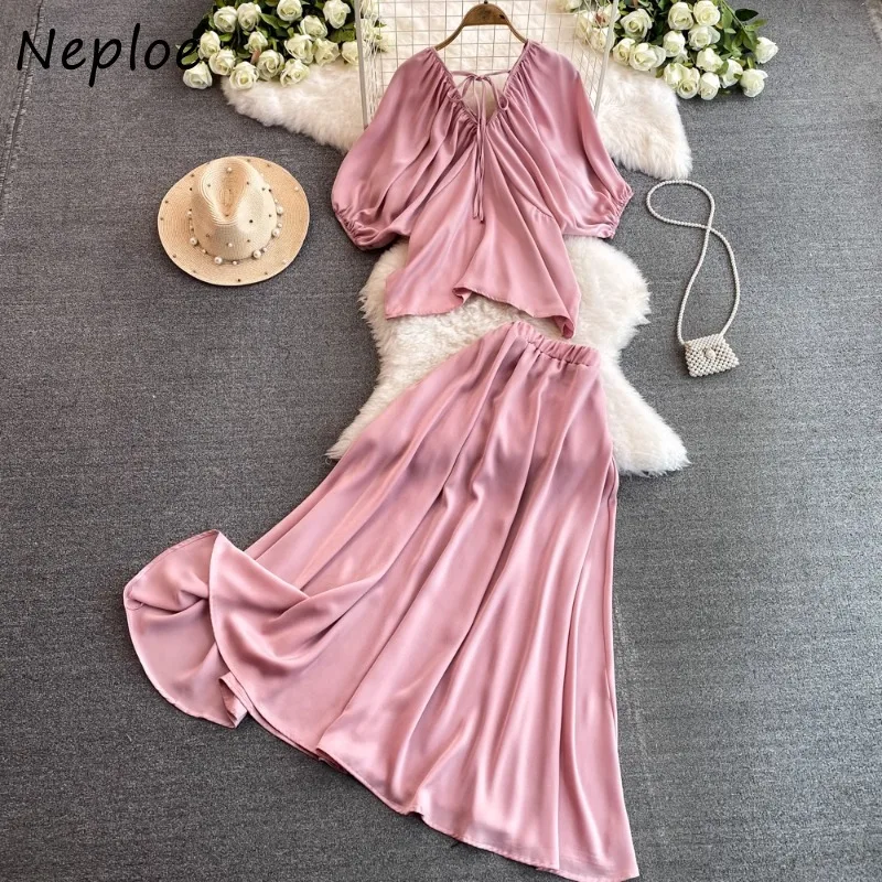 

Neploe Fashion Lazy V-neck Lace Up Puff Sleeve Tops Women+ Y2k High Waist Loose Skirts 2024 Summer New Two Piece Sets