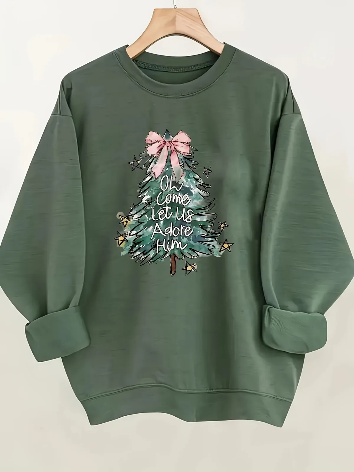Felpa con cappuccio stampata con motivo albero di Natale alla moda casual da donna, comodo pullover stile street, abbigliamento regalo per le vacanze
