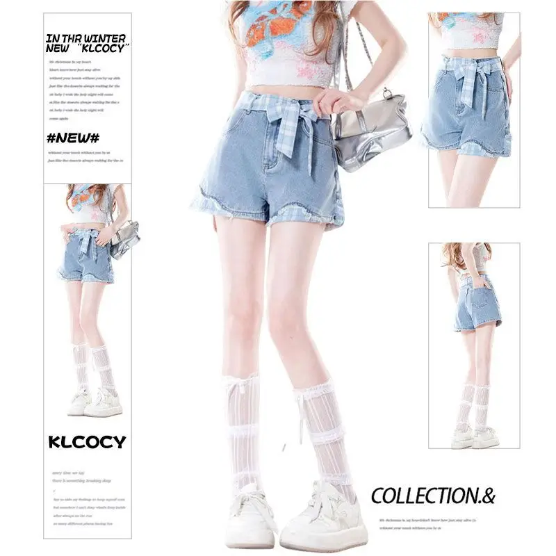 

Japan Denim Shorts For Women Summer New Style Blue And White Plaid Bow Stitching Girly Light Color Hot Pants Design Pants