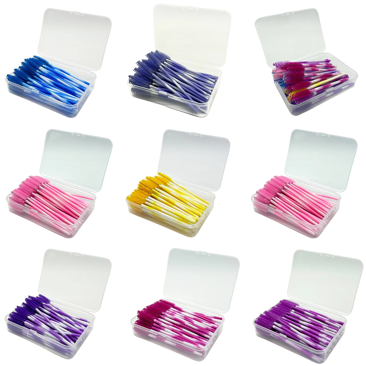Caja transparente, 200 Uds., cepillo de maquillaje, cepillos para pestañas y cejas, peine, varita para rímel desechable, suministros de extensión de pestañas