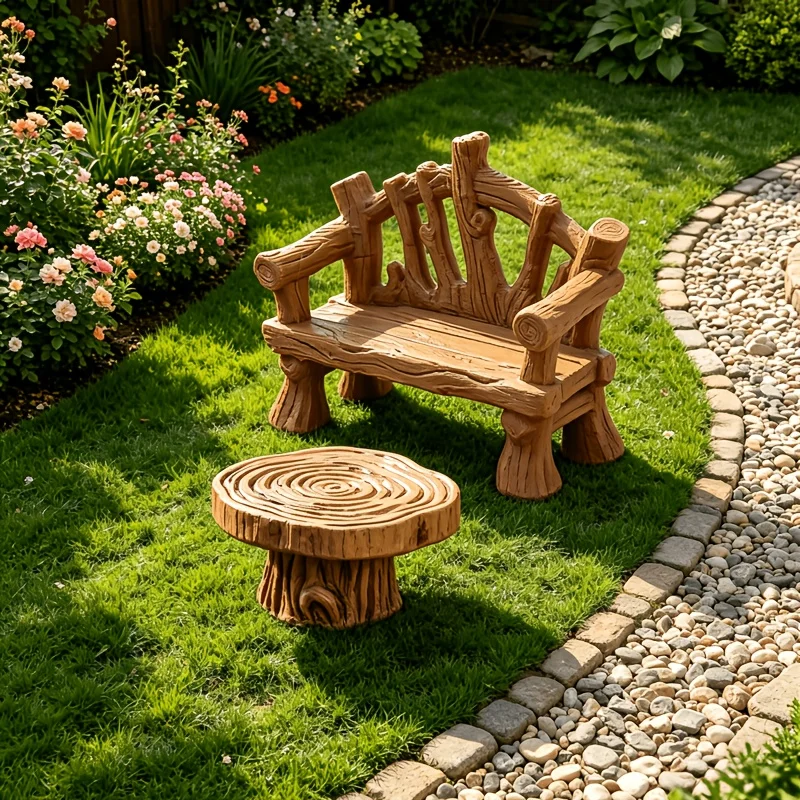 2pcs Miniature Stump Table And Chair Ornaments, Realistic Resin Craft, for Dollhouse Scenery Decora, Moss Micro Landscape