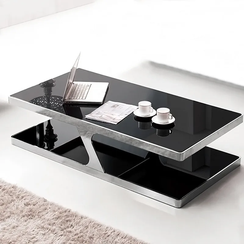 Minimalist Stainless Steel Black Tempered Glass Table, Rectangle & Round Reception Coffee Table for Office