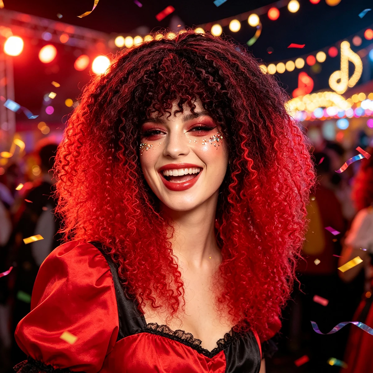Dark Root Red Ombre Afro Curly Wig Synthetic Hair Tiny Curl Bangs Hip Hop Cosplay Halloween Costume Party Full Wigs for Women