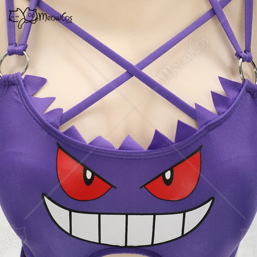 Meowcos Women Gothic Swimwear Purple Ghost Sexy Beachwear Mini Skirt One-Piece Swimsuit with Cover Up