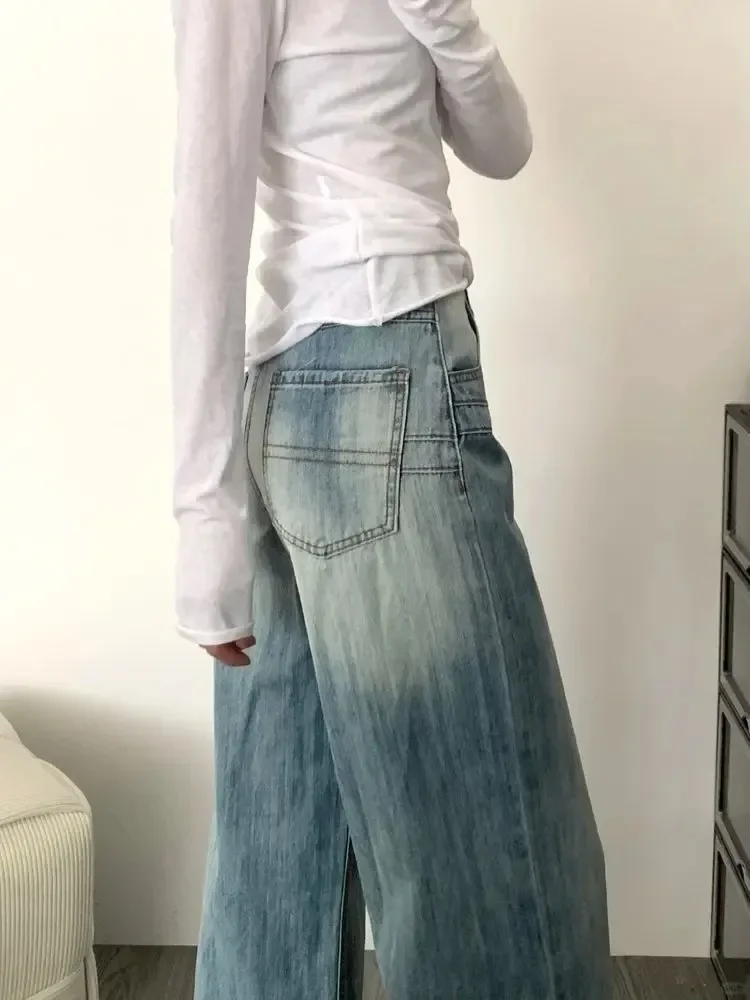 Houzhou vintage y2k 2000s baggy jeans mulher harajuku moda coreana calças jeans casual clássico básico retro calças soltas outono