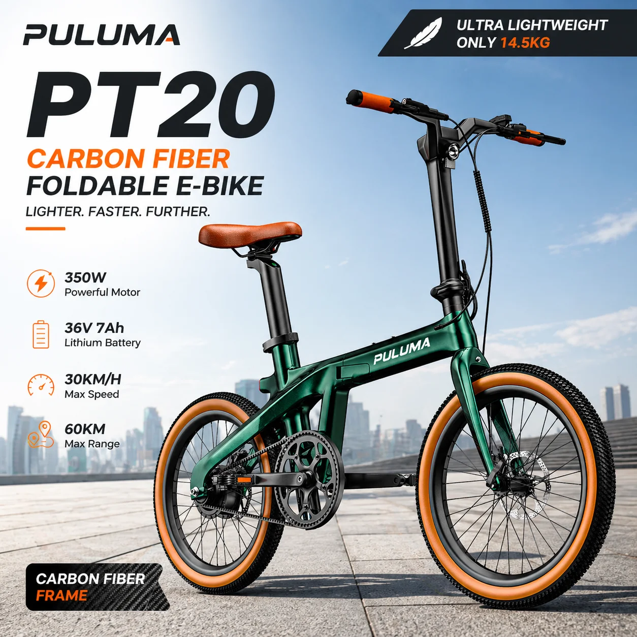 PULUMA PT20 Vélo électrique pliable, vélo électrique ultra léger en fibre de carbone, moteur 350 W, batterie amovible 36 V 7 Ah, vélo électrique portable pour les déplacements urbains