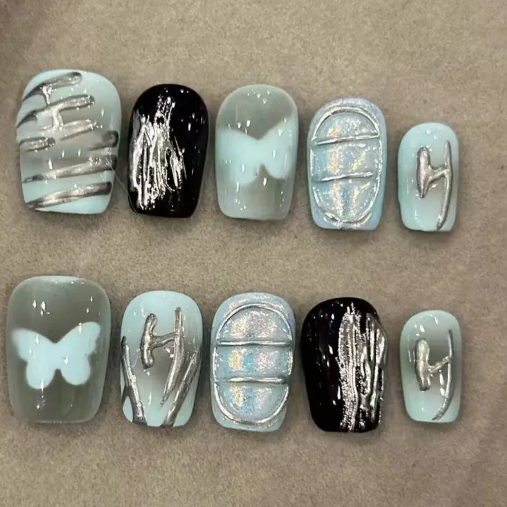 10 stuks Cat's Eye nepnagels schattige zoete zwarte kat volledige dekking nageltips kort ballet druk op nagels sets herbruikbare vierkante valse nagel