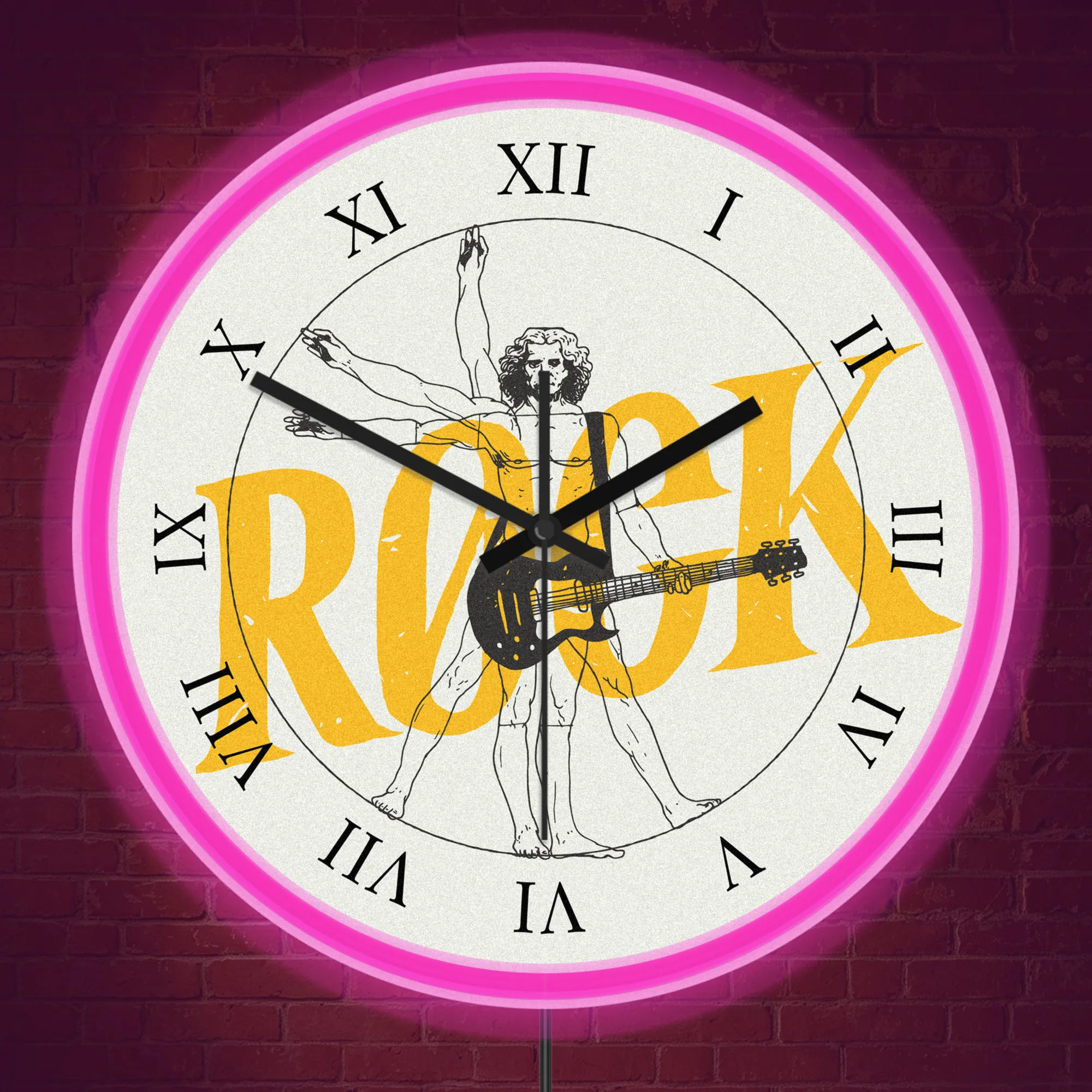 Vintage Roll & Rock Guitar Vitruvian Man LED Neon Wall Clock For Man Cave Music Studio Guitar Player Luminous Night Light Clock