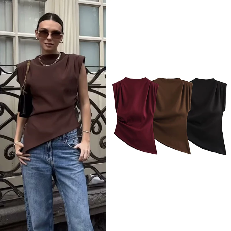 TRAF Asymmetric Hem Top for Woman Fashion Pleated Shoulder Padded Sleeveless Top Female Chic Tops