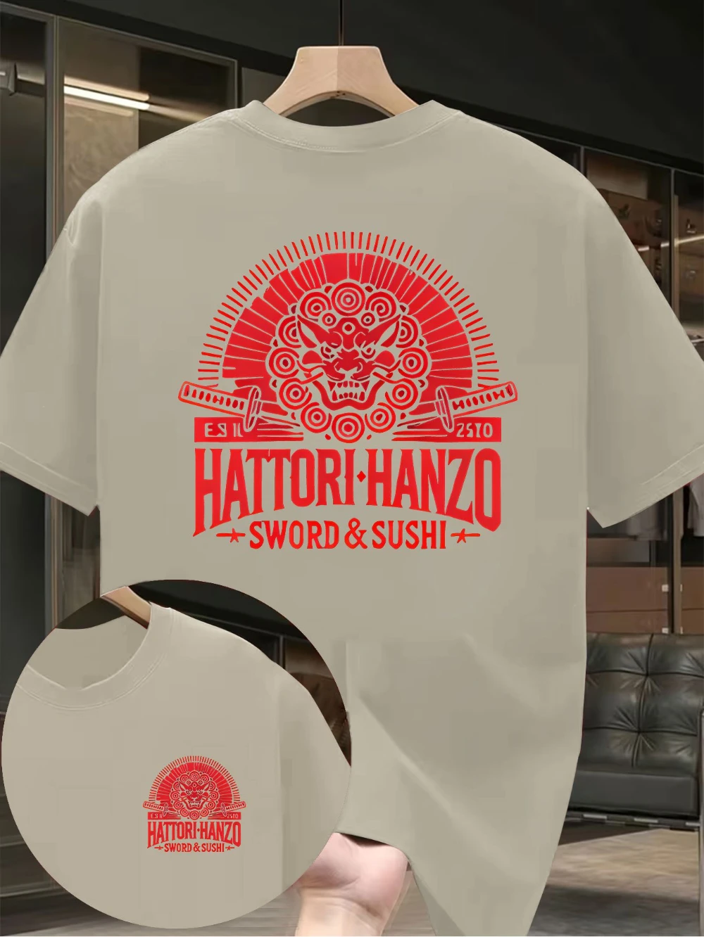 HATTORI HANZO Samurai Lion Head Double Swords Double-Sided Print Men'S T-Shirt Japanese Retro Style Men's T-shirts for Summer