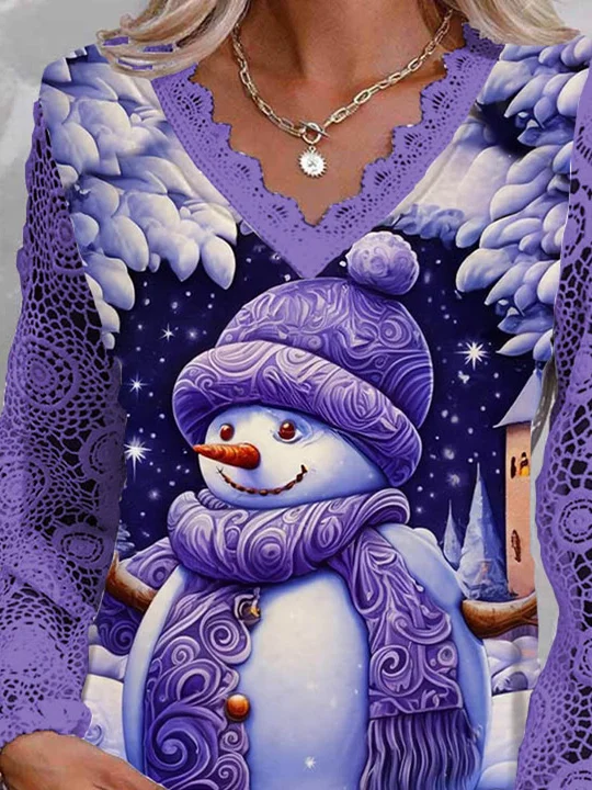 Boneco de neve feminino impresso laço Natal Tops, manga comprida, decote em v, boneco de neve, floco de neve, plus size