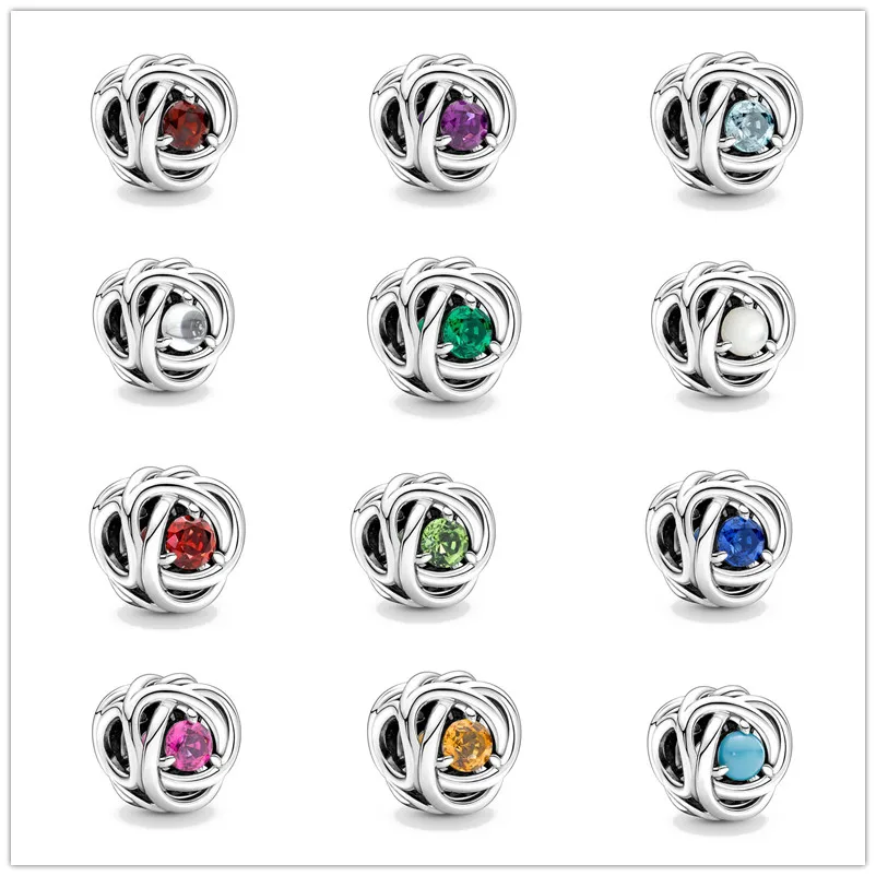 New Constellation Birthstone Eternity Circle Charms Beads Fit Original Pandora Bracelet Women Jewelry 925 Silver plated Pendant