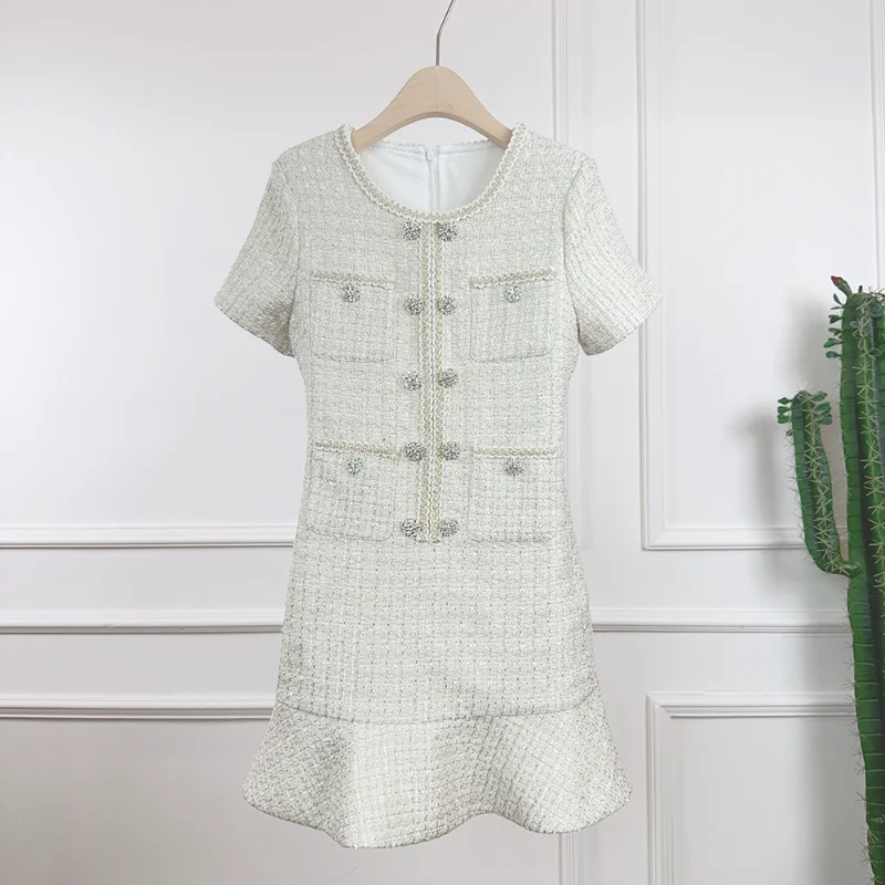 

Платье «рыбий хвост» с круглым вырезом и небольшим ароматом, женское модное милое короткое платье высокого качества из французского твида с коротким рукавом