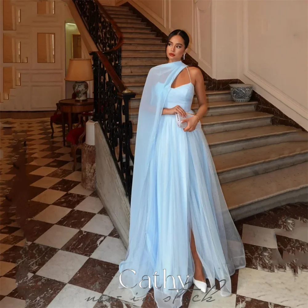 

Cathy Light Blue Tulle Prom Dresses Spaghetti Strap Evening Dress Detachable Shawl Sleeveless Side Split vestidos de fiesta 2024