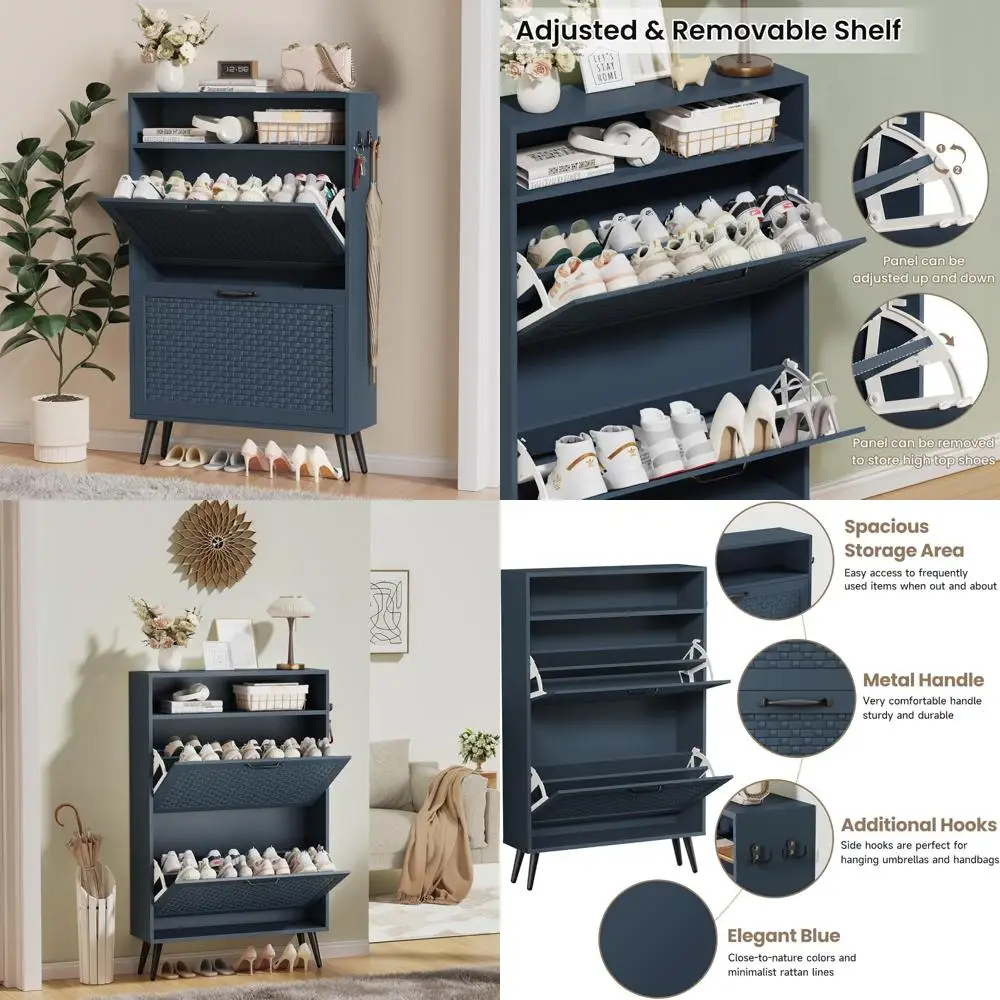 

Freestanding Narrow Shoe Cabinet with Metal Legs and Flip Drawers, Farmhouse Style Slim Organizer