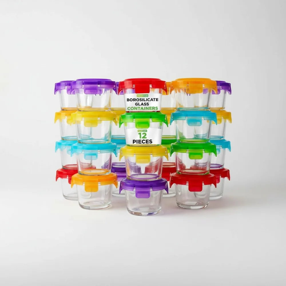 

12-Piece Glass Food Storage Containers - 4.48 oz Round Airtight Stackable for Snacks, Meal Prep & Freezer Safe