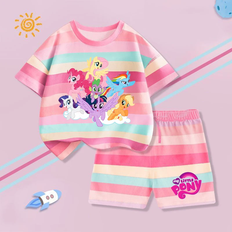 

My Little Ponys T-shirt+shorts Kawaii Children's Clothing Unicorn Cartoon Anime Striped Short Sleeve Set Summer Home Clothes Tee