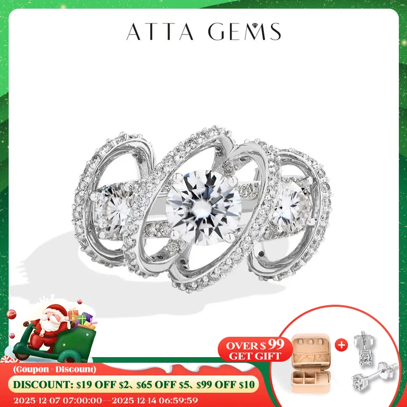 ATTAGEMS. خاتم نسائي فاخر مزين بثلاثة أحجار مويسانيت، وحجر كريم مستدير بقطر 1 قيراط، وحلقة ملتوية تشبه الكرمة مصنوعة من الفضة الإسترلينية 100٪. هذه القطعة من المجوهرات الراقية مناسبة لمناسبات مثل الخطوبة والمواعيد الغر #1