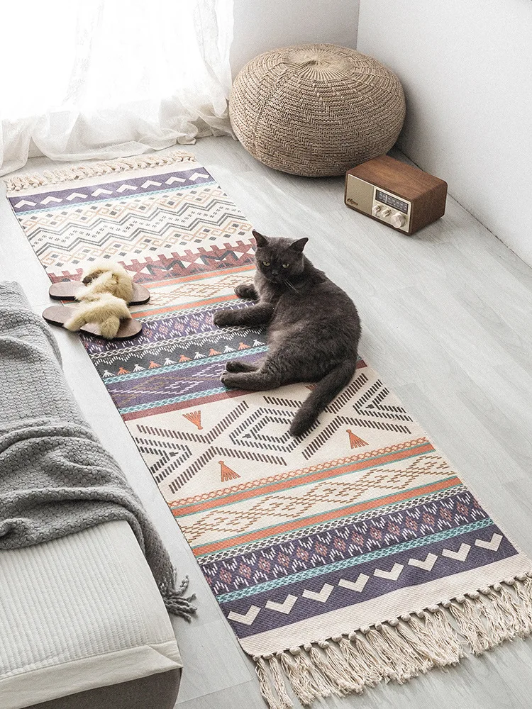 Machine-Washable Cotton Geometric Fringe Rug X To Cm Bedside Runner Floor Mat Bedroom Living Room Sofa Tatami Apartment Decor