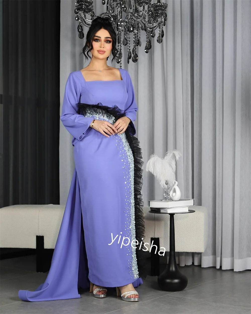 Ball Dress Saudi Arabia Prom Jersey Rhinestone Cocktail Party Sheath Square Neck Bespoke Occasion Gown Long Dresses