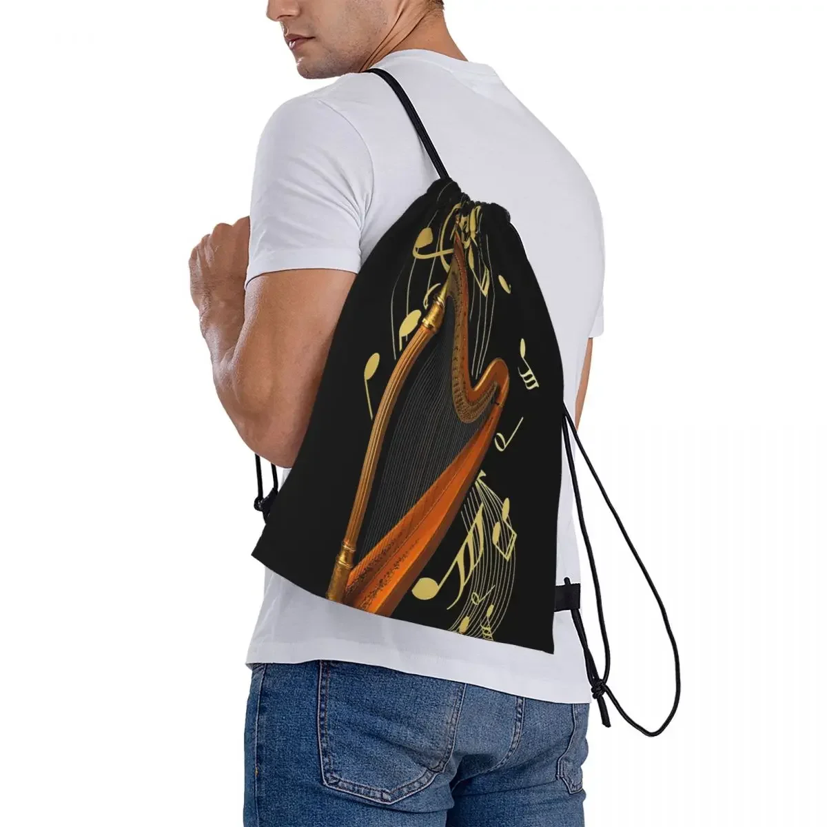 Harp And Music Note Art Backpacks Casual Portable Drawstring Bags Drawstring Bundle Pocket Shoes Bag BookBag For Travel Students