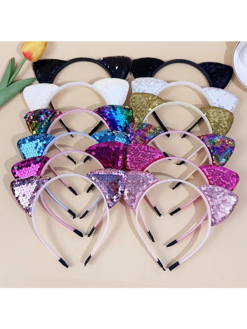 6/12 pièces paillettes chat oreille bandeaux filles fête bandeaux mignon paillettes chat oreille bandeau Kitty bandeaux enfants fête cheveux accessoires