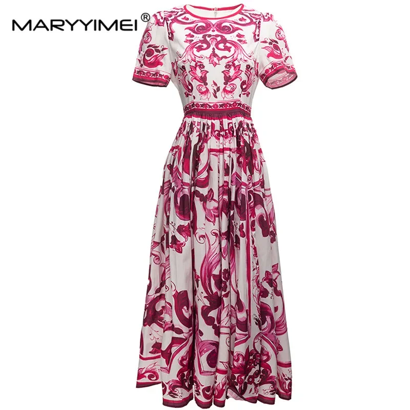 

MARYYIMEI Spring Summer Fashion Vintage Women's dress Short Sleeved Red Porcelain Printing Holiday Long Dresses