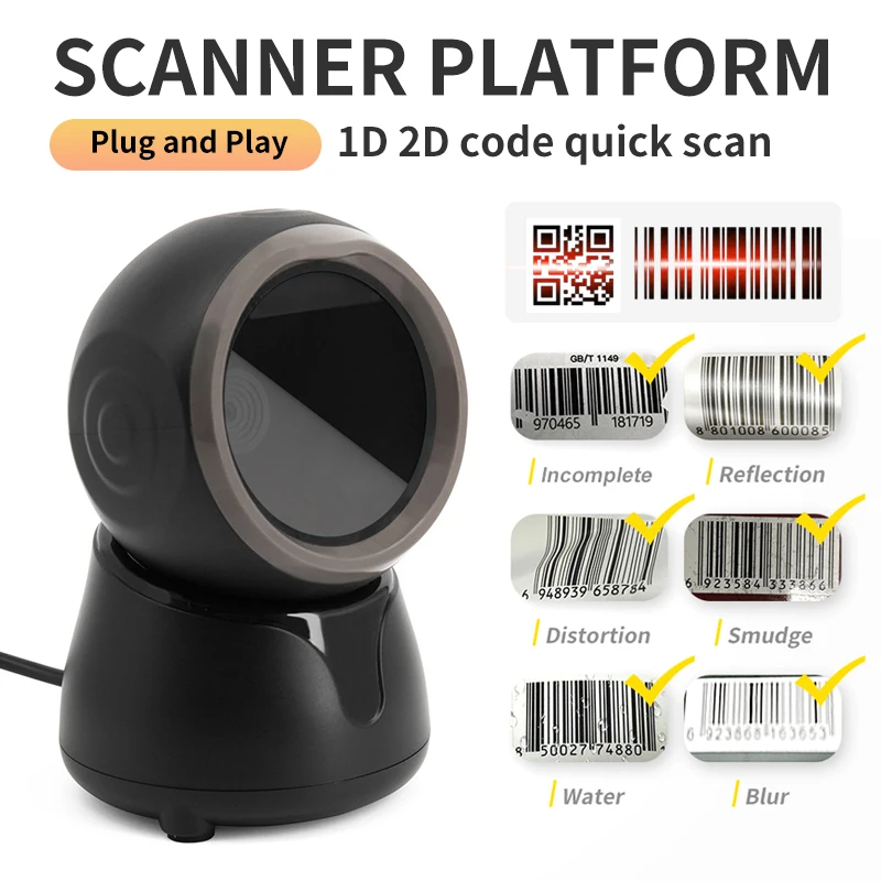 supermercado barcode scanner plataforma 1d 2d 1d 2d leitor de codigo de barras qr pdf417 24g wired usb desktop maos livres qr image scan 01