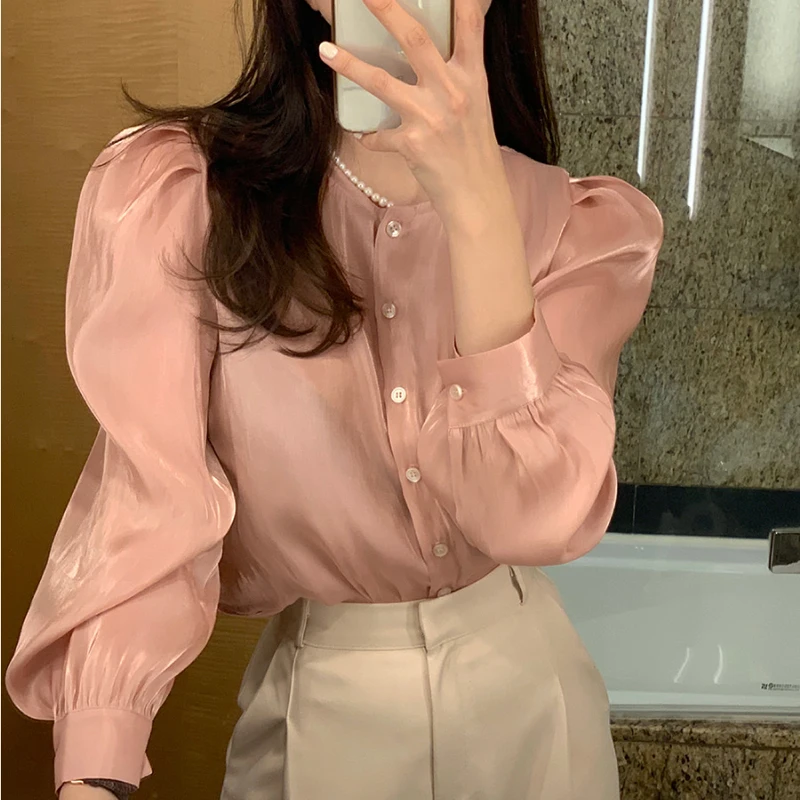 Blusas Femininas Elegantes Loose Bubble Sleeved Pink Chiffon Shirts Korean Chic Tops Mujer Femme Casual Crop Blouse Shirt