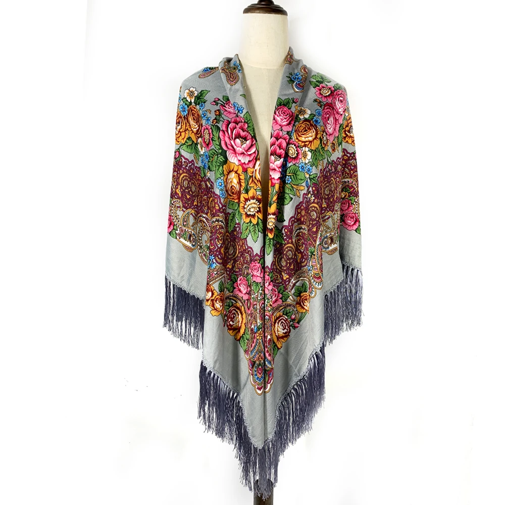 Lenço quadrado com estampa floral russa para mulheres, tamanho grande, xale com franja, russo tradicional, polonês, envoltórios de cabeça, polonês,