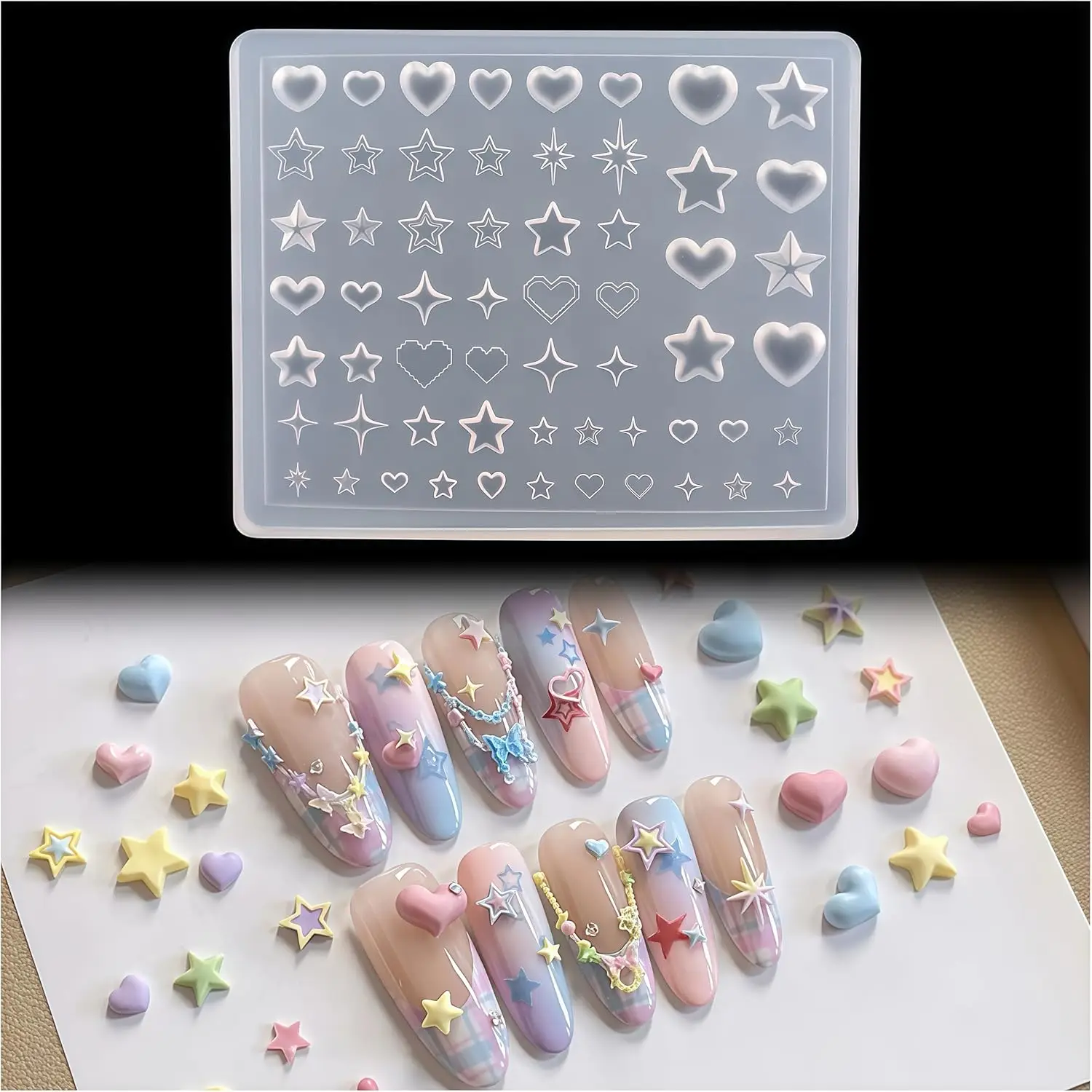 Dopamine Star Silicone Molds for Nail Art cute 3D Starburst & Heart-Shaped Designs,Reusable for nail Decor Tools for Epoxy Resin