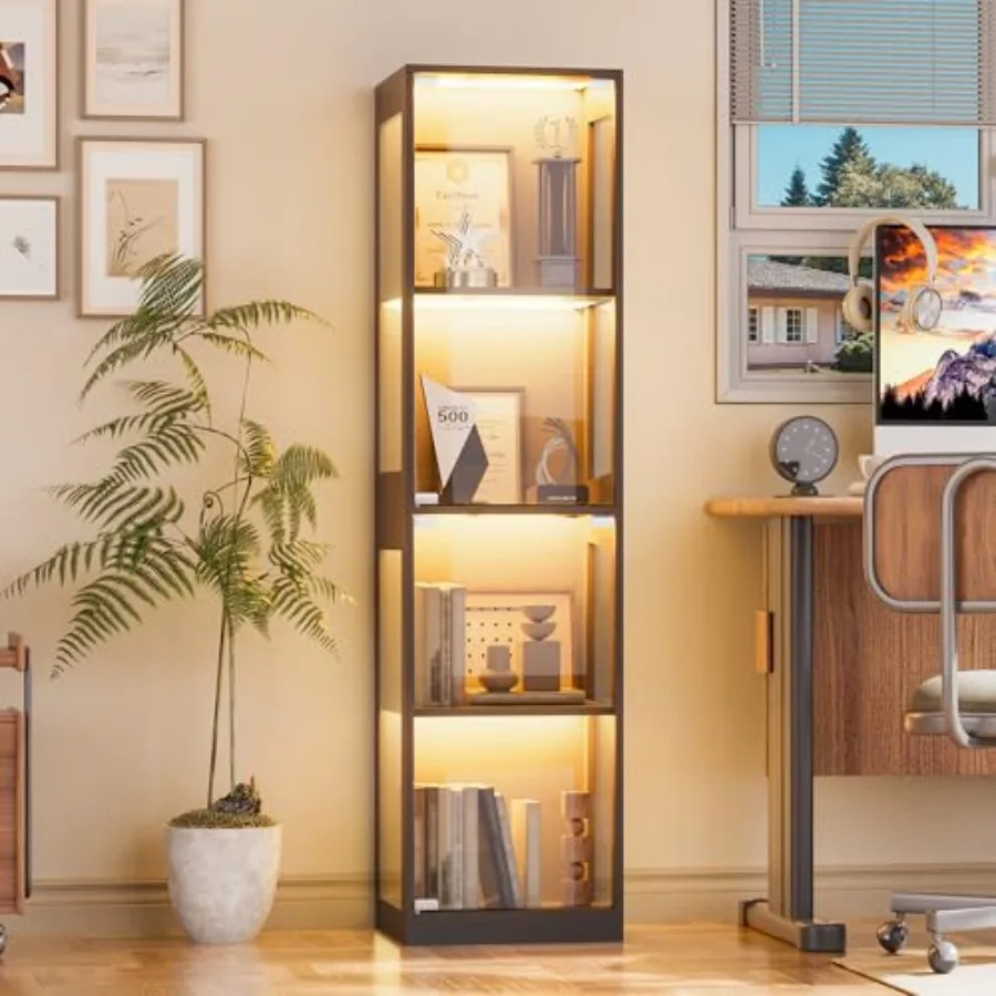 Display Cabinet with Glass Doors, 4-Tier Showcase Display Case in Modern Black Finish with RGB Lights for Collectibles, Books,