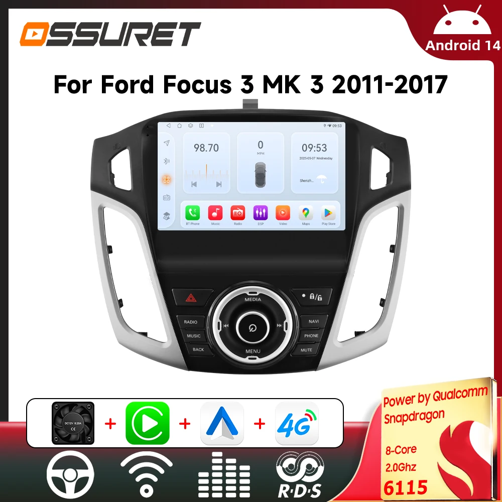 Auto-Intelligent-Radios-Player für Ford Focus 3 MK3 2011–2019, Autoradio, kabelloses Carplay, Android Auto, 4G DSP von Snapdragon 6115 AI