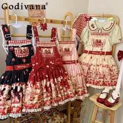 Original Design Lolita Red Suspender Dress Strawberry Print Bow High Waist Short Dress Women's Cute Sweet Girls Kawaii Dresses