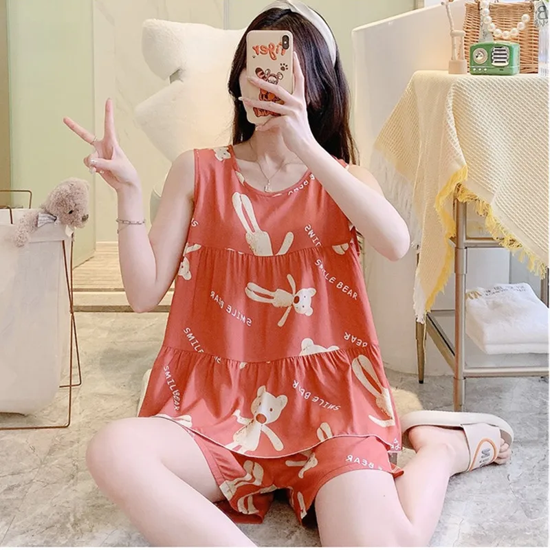 Uhytgf Zomer Pyjama Vrouwen Print Katoen Zijde Dunne Nachtkleding Vrouwelijke Huis Kleding Zoete Student Tweedelige Set Meisje Nachtjapon 2482