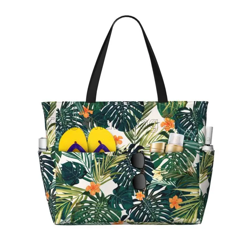 Tropical Green Leaves and Flowers Beach Bag for Women Travel Tote Bags with Pockets Large Beach Pool Bag for Swim Gym Vacation