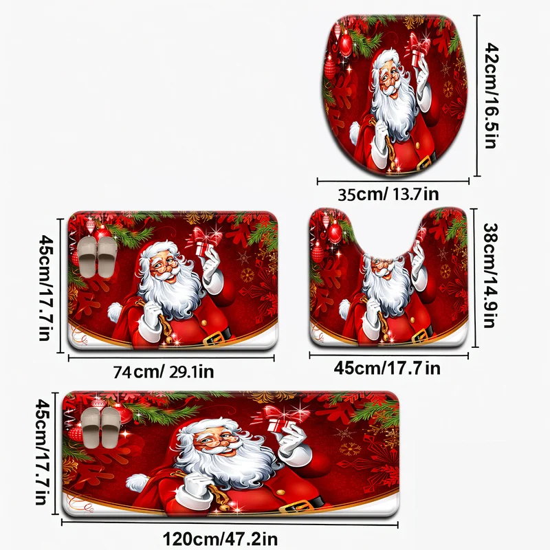 VIKAMA Absorbent Bath Mat Set 3/4PC U-Shaped Non-Slip Toilet Floor Carpet Leaf Print for Bathroom Kitchen Entryway