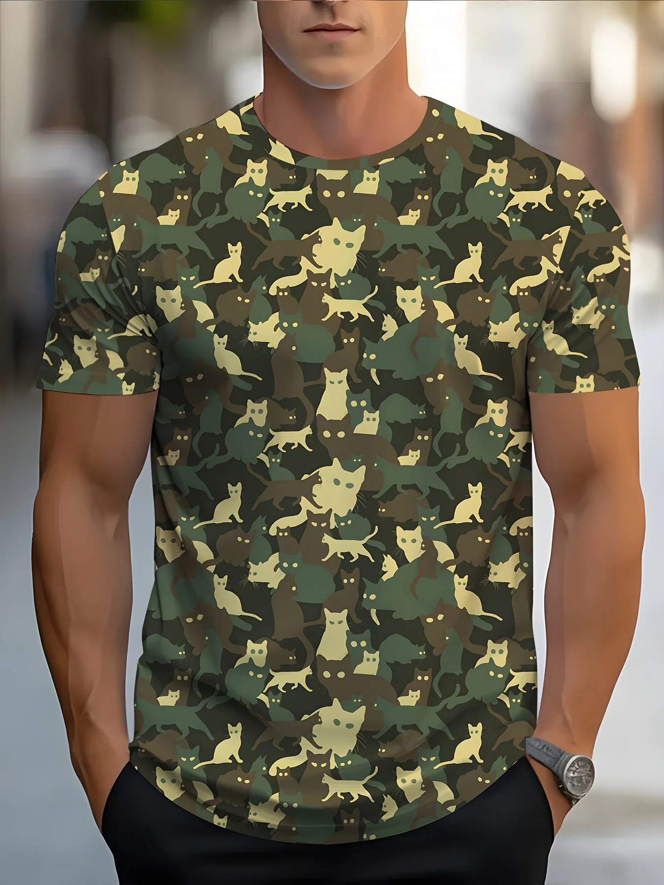 Men's Unique Digital Print Camouflage Cat Regular Comfortable Casual Quick Drying Machine Washable Daily Style T-shirt
