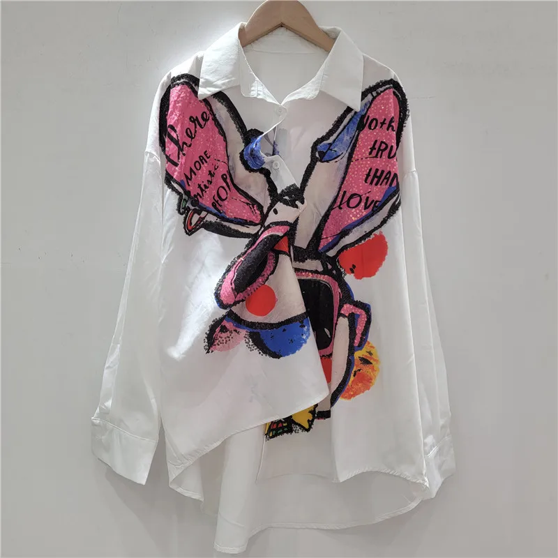 Trendy Brand Cartoon Long-sleeved Shirt 2025 Autumn New Loose Heavy Industry Hot Diamond Single-breasted Lapel Shirt Top