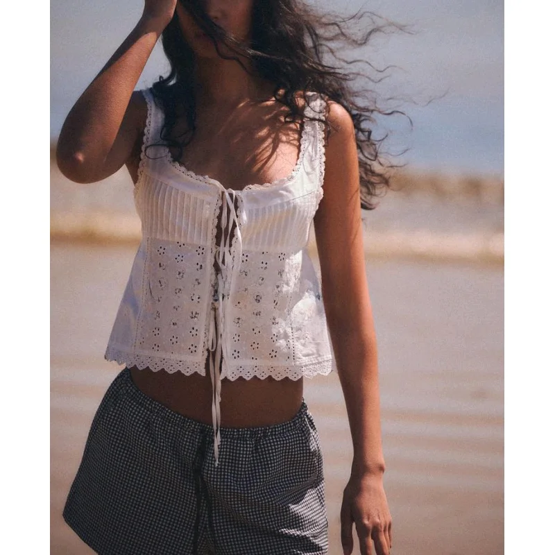 Primavera Nuovo Dolce Versatile Vacanza Sle Colletto con volant Gilet Nodo Ricamo Top Donna Faion Commute Sle ort...