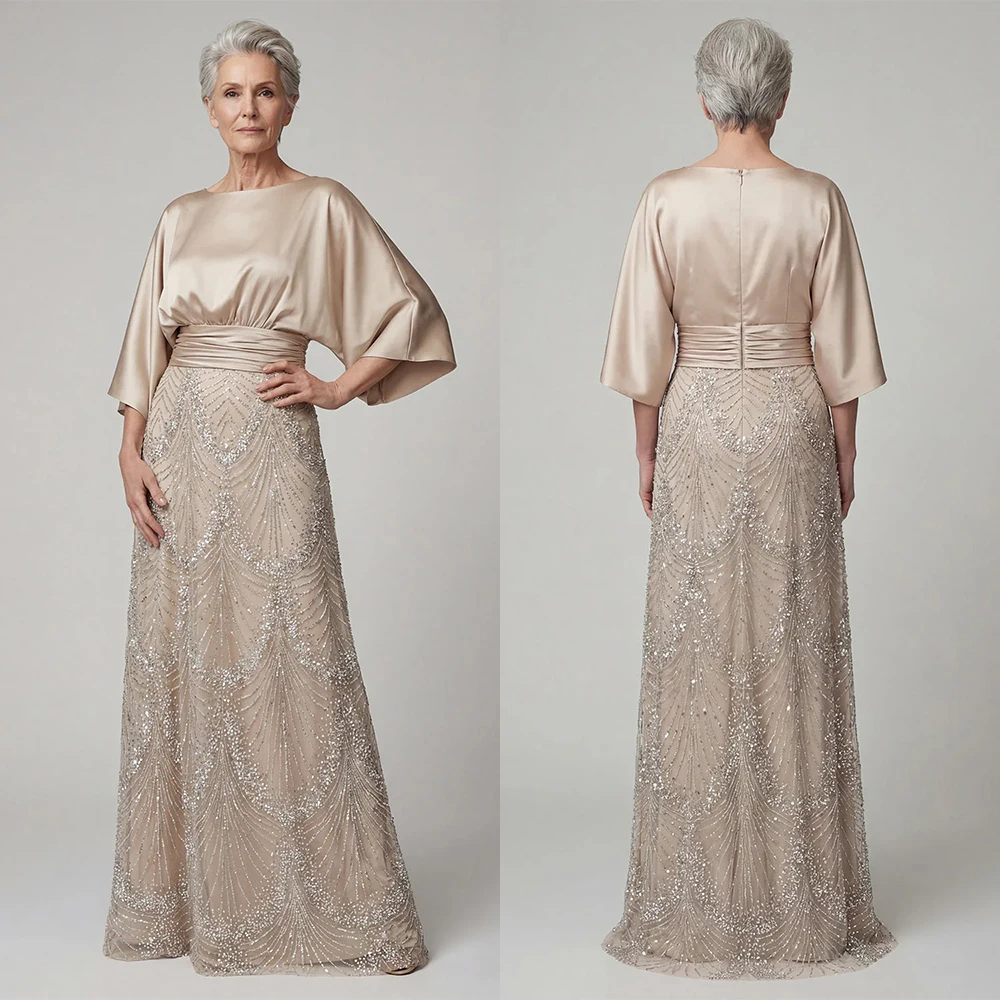 Customized O-neck Three Quarter Zipper Beaded A-line Floor Length Vestidos Para Bodas Mujer Invitada Robe De Soirée Femme Chic